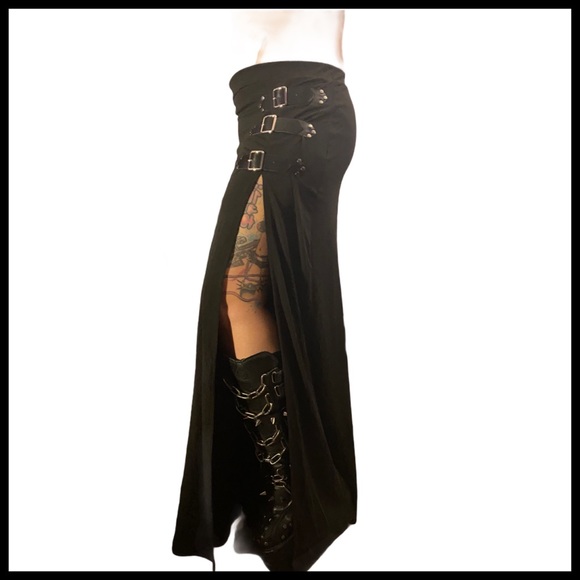 Long black left Split tight skirt with buckles - Picture 2 of 8